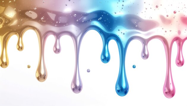 Holographic metallic melting paint border isolated on white background 白背景の上部にデザインされたホログラフィックなメタリックペイントの溶けるフレーム