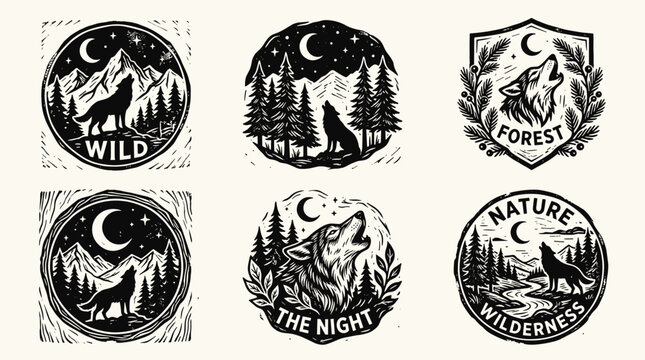 Set of wild wolf and nature adventure badges