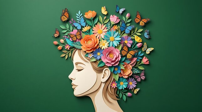 Paper art profile of a woman with floral head and butterflies on a dark green background papercraft butterflies silhouette