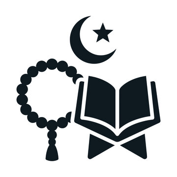 Islamic religious icons set, holy Quran book with prayer beads, crescent moon and star symbols, black vector graphics