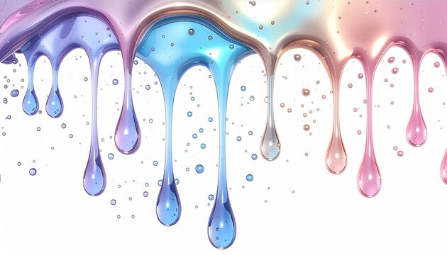 Colorful metallic fluid slime dripping from top on white background 白い背景の上部から滴り落ちるカラフルで光沢のあるメタリックな液体のフレーム素材