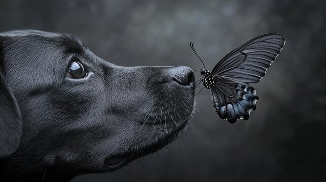 Black lab dog curiously observing a dark butterfly.