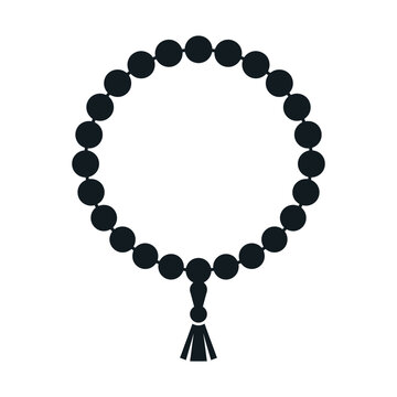 Islamic prayer beads icon, black tasbih vector illustration, religious rosary with tassel, spiritual dhikr beads