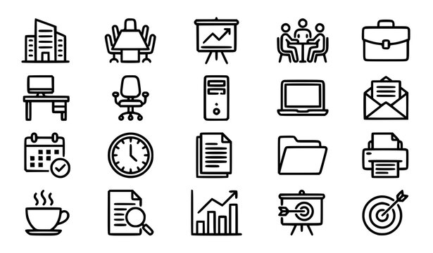 Corporate Office Workflow Line Icon Set Black Vector Editable B2B SaaS Dashboard UI App Business