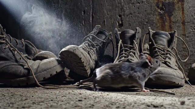Little mouse scurrying among dirty combat boots in dark basement