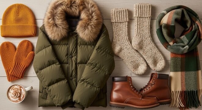 Winter apparel flat lay with jacket and boots.