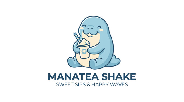 Sitting manatee character logo for drink brands.