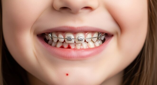 Baby smiling with metal braces showing inflamed bleeding gums around crowded teeth in close up portrait highlighting orthodontic treatment dental hygiene oral care and gingivitis prevention concept