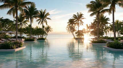 Fototapeta premium serene tropical resort pool overlooking ocean at sunrise