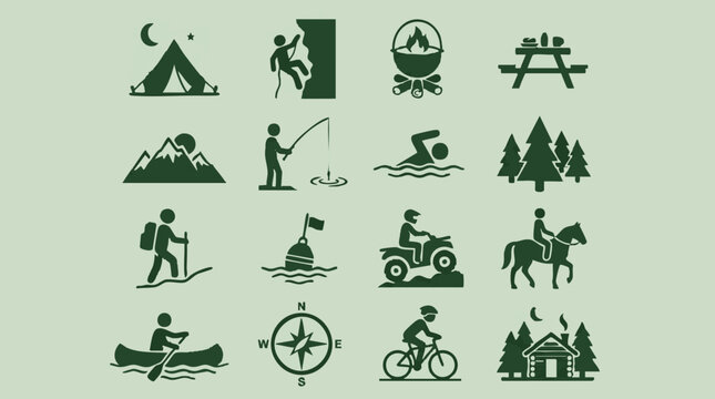 Outdoor adventure and recreation activity icons set on green background