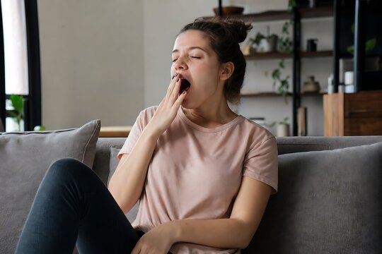 Tired young woman yawning and feeling sleepy while sitting on a comfortable sofa at home