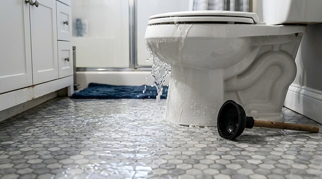 Overflowing toilet in bathroom with plunger on floor
