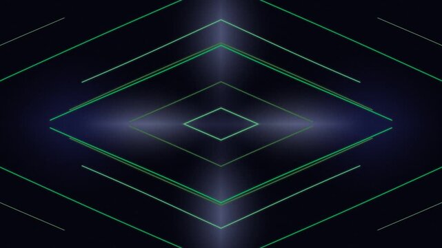 Glowing green neon geometric frames animate over a dark futuristic background with soft luminous light and symmetrical composition. Perfect for technology, cyber, digital, gaming, and sci fi visuals.
