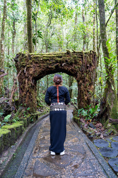 Rear view of young girl with a traditional Kadazan Dusun Attire Sinombayaka Pinolongon Kinilong from Ranau Sabah Malaysia