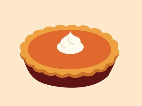 Flat vector pumpkin pie with whipped cream for cafe menus, dessert branding, and Thanksgiving.