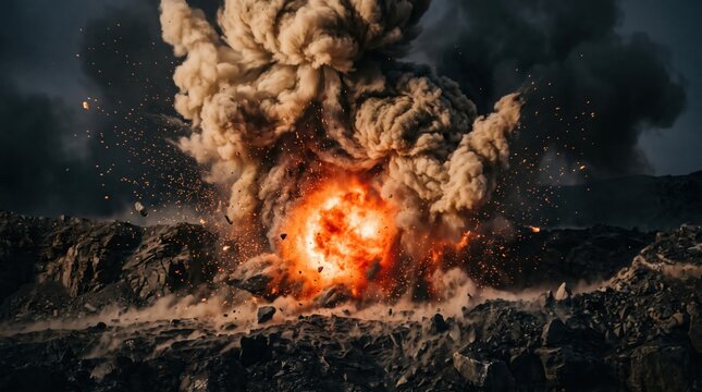 Powerful explosion with fire and smoke on rocky terrain