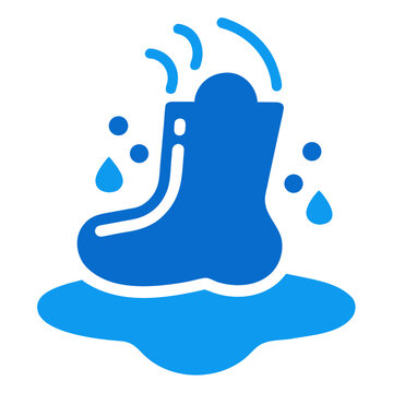 Blue rubber boot icon with water splashes and puddle symbolizing rainy weather concept gumboots protection footwear illustration
