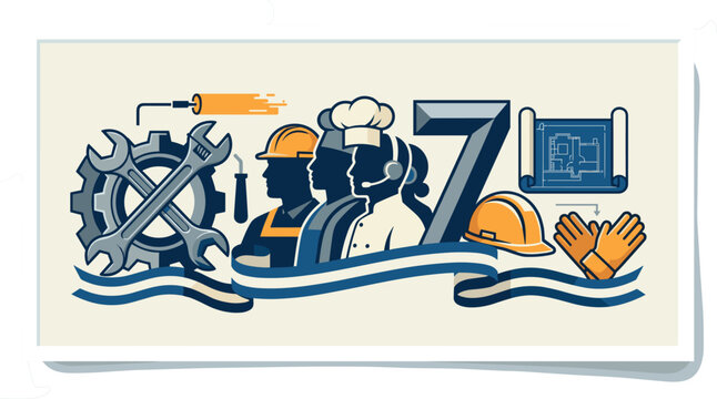 International Labor Day May 1 Celebration Banner Featuring Worker Silhouette Profiles, Mechanics Gear Wrenches, Blueprint, and Protective Hard Hat