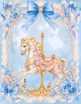 A whimsical carousel horse adorned with blue ribbons and pink roses, set against a dreamy sky. This enchanting image evokes a sense of magic and nostalgia