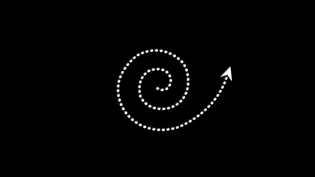 Circle dotted line animation running following arrow direction, rotating motion graphic, spiral line, dark background, 4k video.