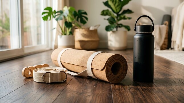 Yoga essentials set with cork mat and water bottle