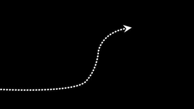 White color Abstract curved arrow business graph icon animation black background, rising growth indicator motion 4k video.