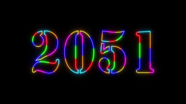 Abstract 2051 neon colourful text animation ,For neon colourful Glowing neon number text background 4k video animation .Digital font against a dark background with neon line looping animation.