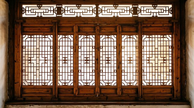 Antique Chinese Wooden Window with Intricate Geometric Lattice Patterns