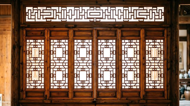 Antique Chinese Wooden Window with Intricate Geometric Lattice Patterns