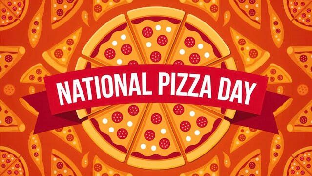 Festive cartoon illustration celebrating National Pizza Day with a whole pizza and slices on an orange patterned background.