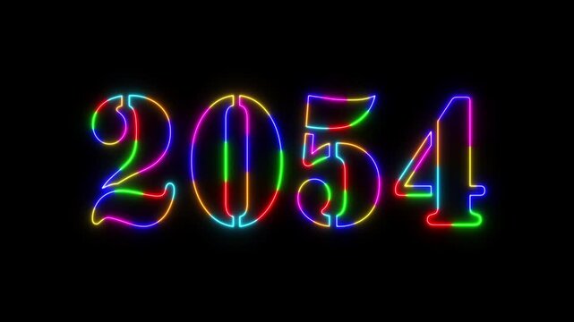 Abstract 2054 neon colourful text animation ,For neon colourful Glowing neon number text background 4k video animation .Digital font against a dark background with neon line looping animation.