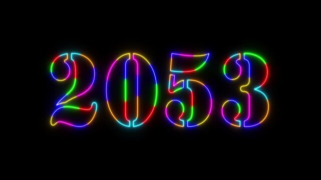 Abstract 2053 neon colourful text animation ,For neon colourful Glowing neon number text background 4k video animation .Digital font against a dark background with neon line looping animation.