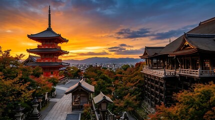 Fototapeta premium Ancient Kiyomizu-dera Temple Pagoda at Sunset in Kyoto Japan