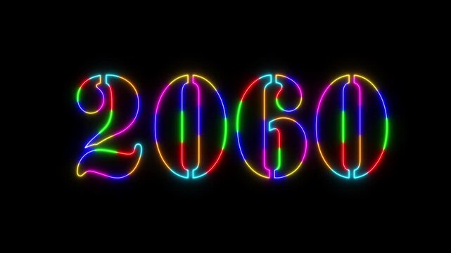 Abstract 2060 neon colourful text animation ,For neon colourful Glowing neon number text background 4k video animation .Digital font against a dark background with neon line looping animation.