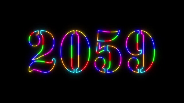 Abstract 2059 neon colourful text animation ,For neon colourful Glowing neon number text background 4k video animation .Digital font against a dark background with neon line looping animation.
