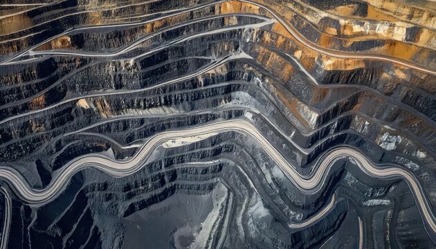 A massive open-pit mining operation with winding roads and deep terraced excavation levels.