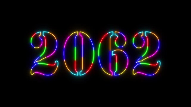 Abstract 2062 neon colourful text animation ,For neon colourful Glowing neon number text background 4k video animation .Digital font against a dark background with neon line looping animation.