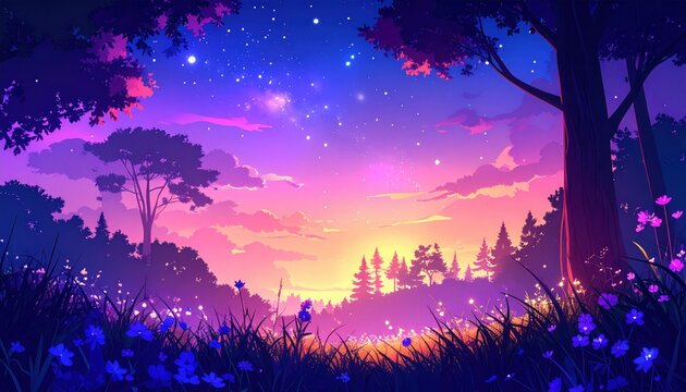 A twilight meadow under starry skies captures whimsical fantasy, dreamscapes, and tranquility often used in bedtime stories, nature retreats, or meditations