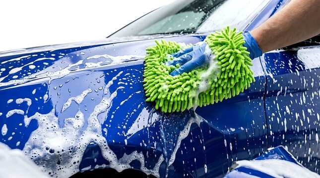 Closeup of a person washing a blue car with a green microfiber mitt
