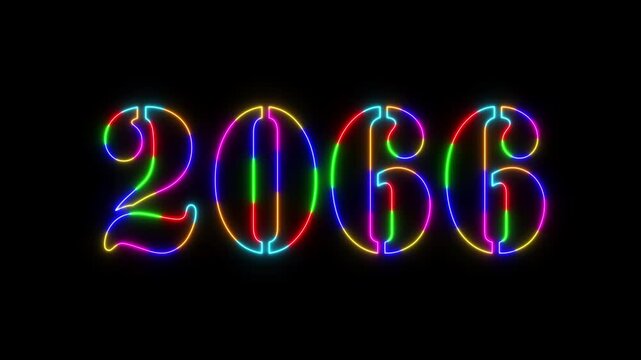 Abstract 2066 neon colourful text animation ,For neon colourful Glowing neon number text background 4k video animation .Digital font against a dark background with neon line looping animation.