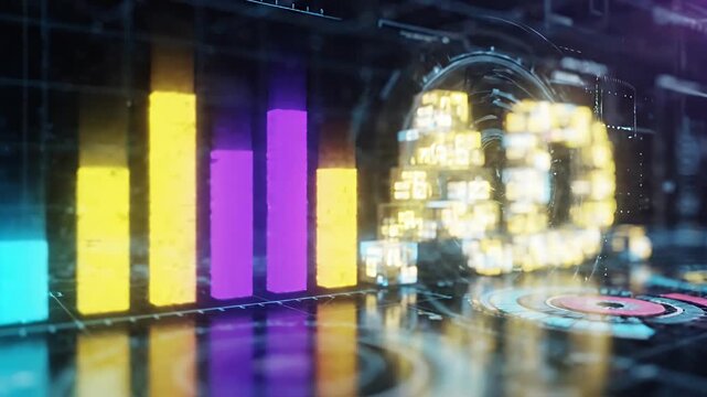 Digital advertising bar chart with glowing text logo.
