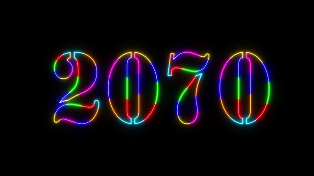 Abstract 2070 neon colourful text animation ,For neon colourful Glowing neon number text background 4k video animation .Digital font against a dark background with neon line looping animation.