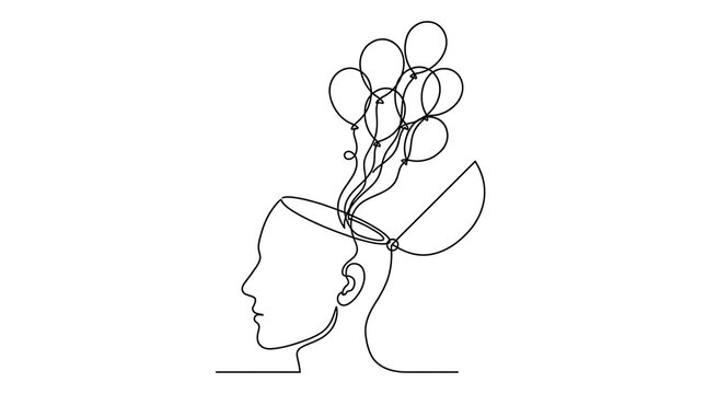 Continuous line art of human head with floating balloons minimalist imagination floating psychology wellness