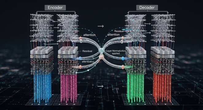 Transformer encoder decoder neural network architecture, Futuristic 3D visualization of a transformer neural network architecture showing encoder and decoder blocks, attention mechanisms, residual 