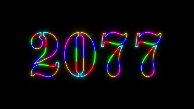 Abstract 2077 neon colourful text animation ,For neon colourful Glowing neon number text background 4k video animation .Digital font against a dark background with neon line looping animation.