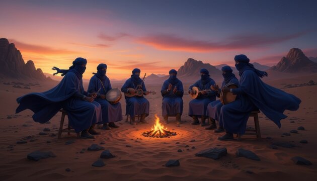 Group of people in traditional blue robes play musical instruments around a campfire in the desert during a sunset at twilight