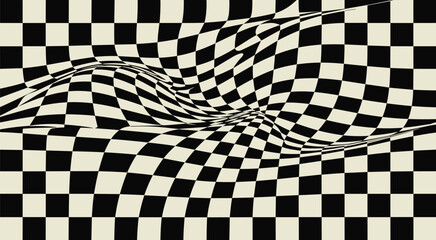 Obraz premium Wavy Checkerboard Abstract Background Vector with Distorted Optical Illusion Grid Texture Pattern Designs