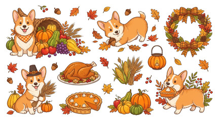 Obraz premium Cute corgi thanksgiving clipart set with pumpkins, turkey, and autumn leaves isolated on transparent background