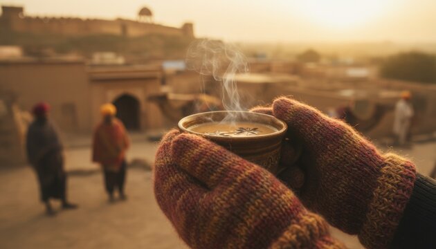 Hands in wool gloves holding a steaming cup of chai in warm morning light, capturing comfort, culture and connection in the peaceful rhythm of local life