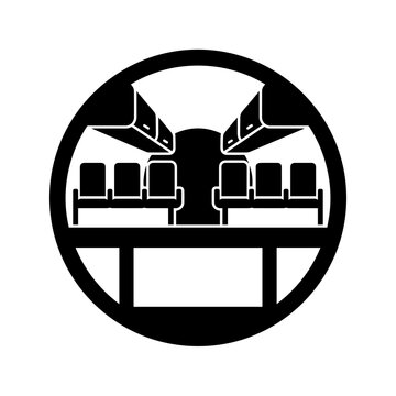 Airplane cabin interior cross section view icon with airplane, interior